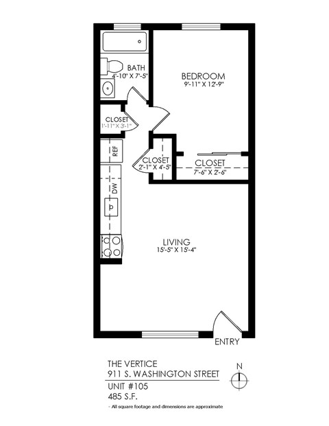 Floor plan for 1 bed, 1 bath, 480 sqft